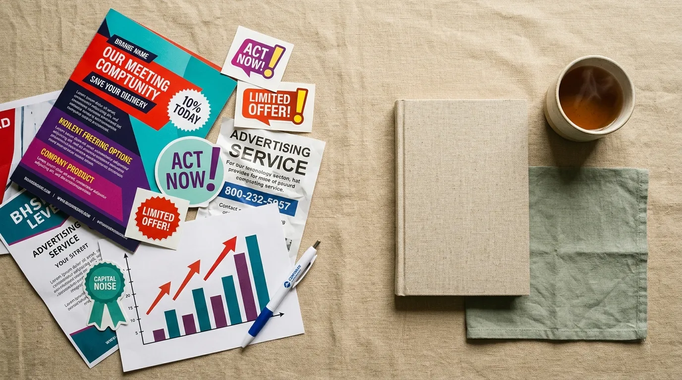 An editorial still life contrasting generic marketing clutter with a single quiet object.