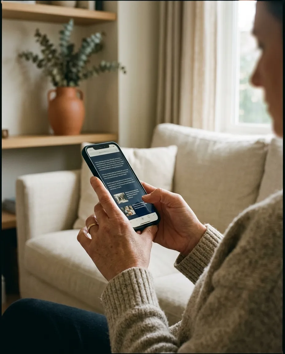 A person researching pet care options on their phone in warm natural light.