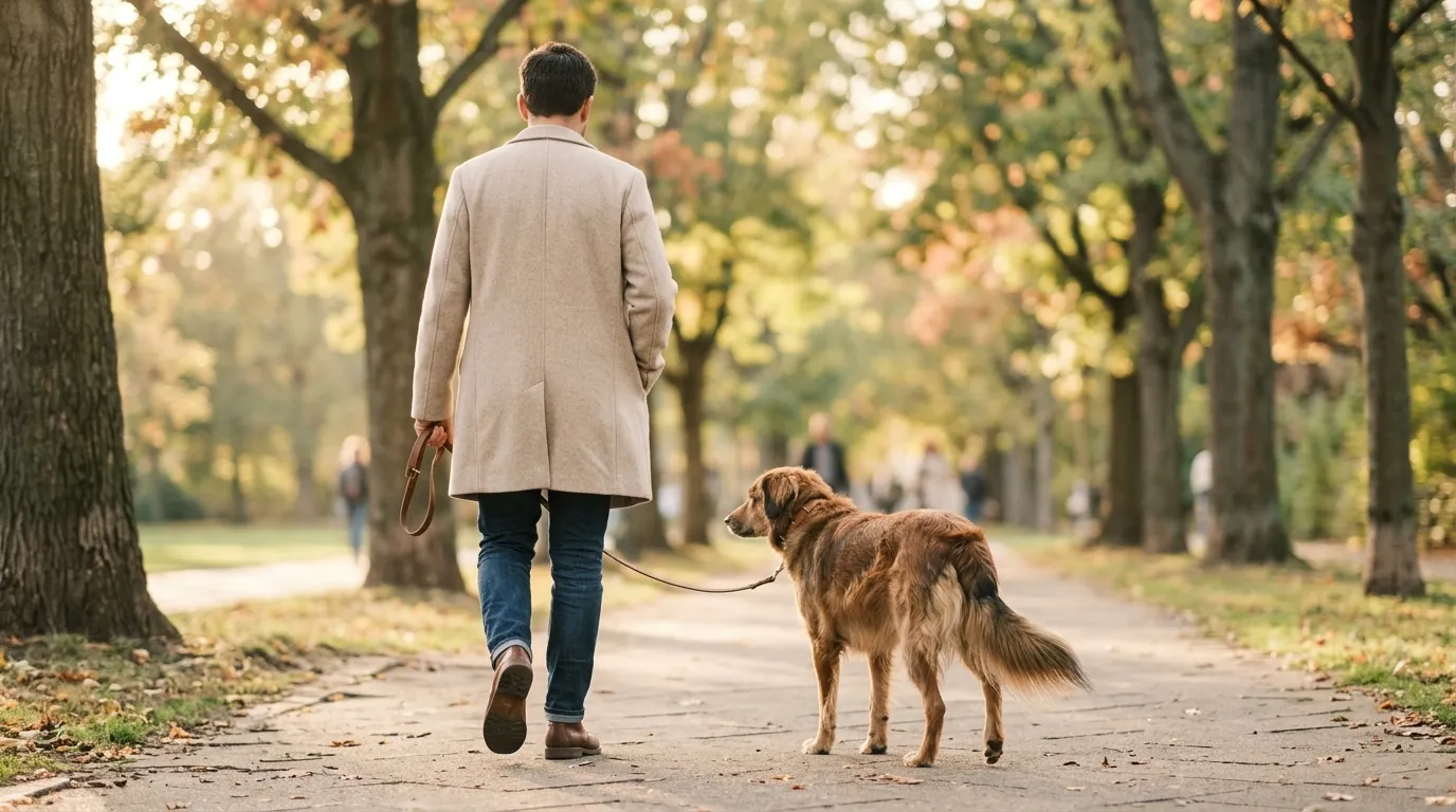 A pet parent walking home with their dog in warm end-of-day light.