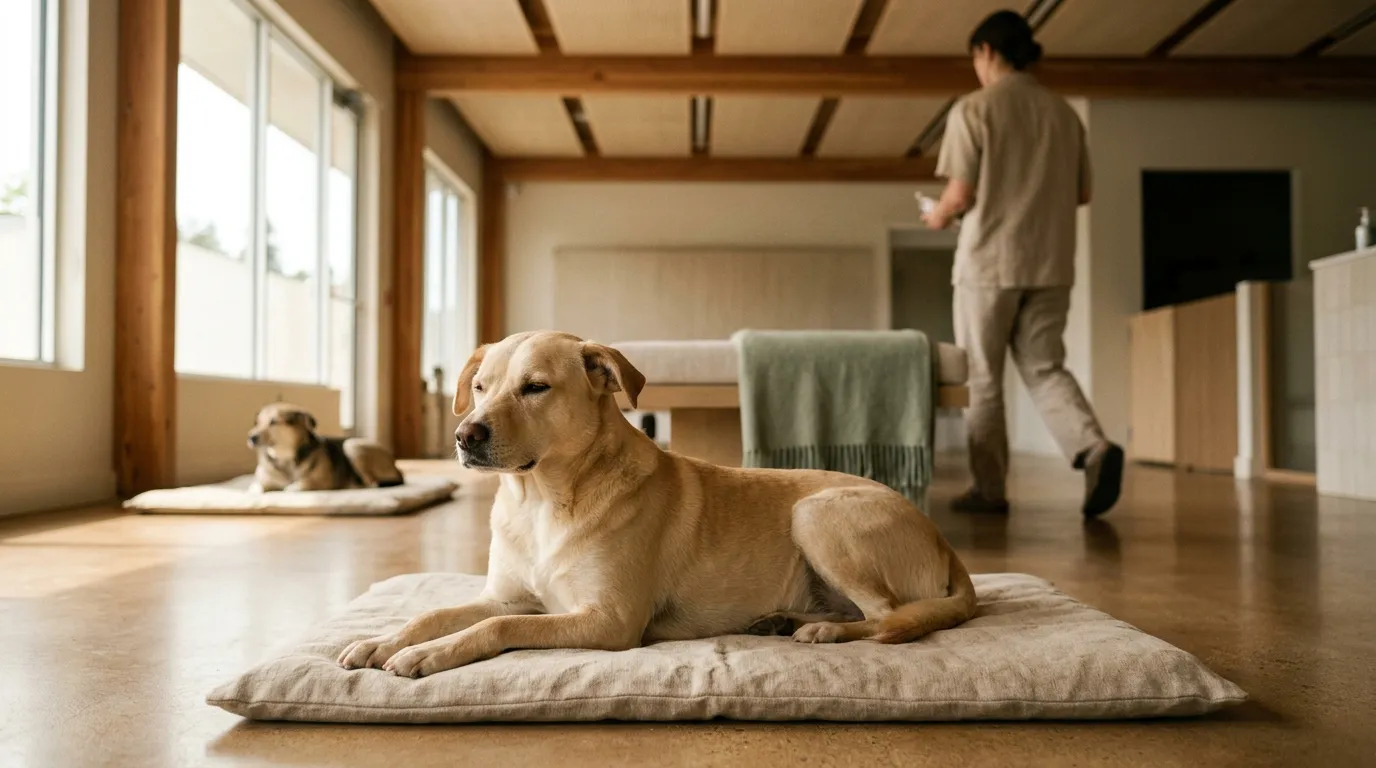 A dog rests calmly in a pet care environment with natural daylight spilling across the room.