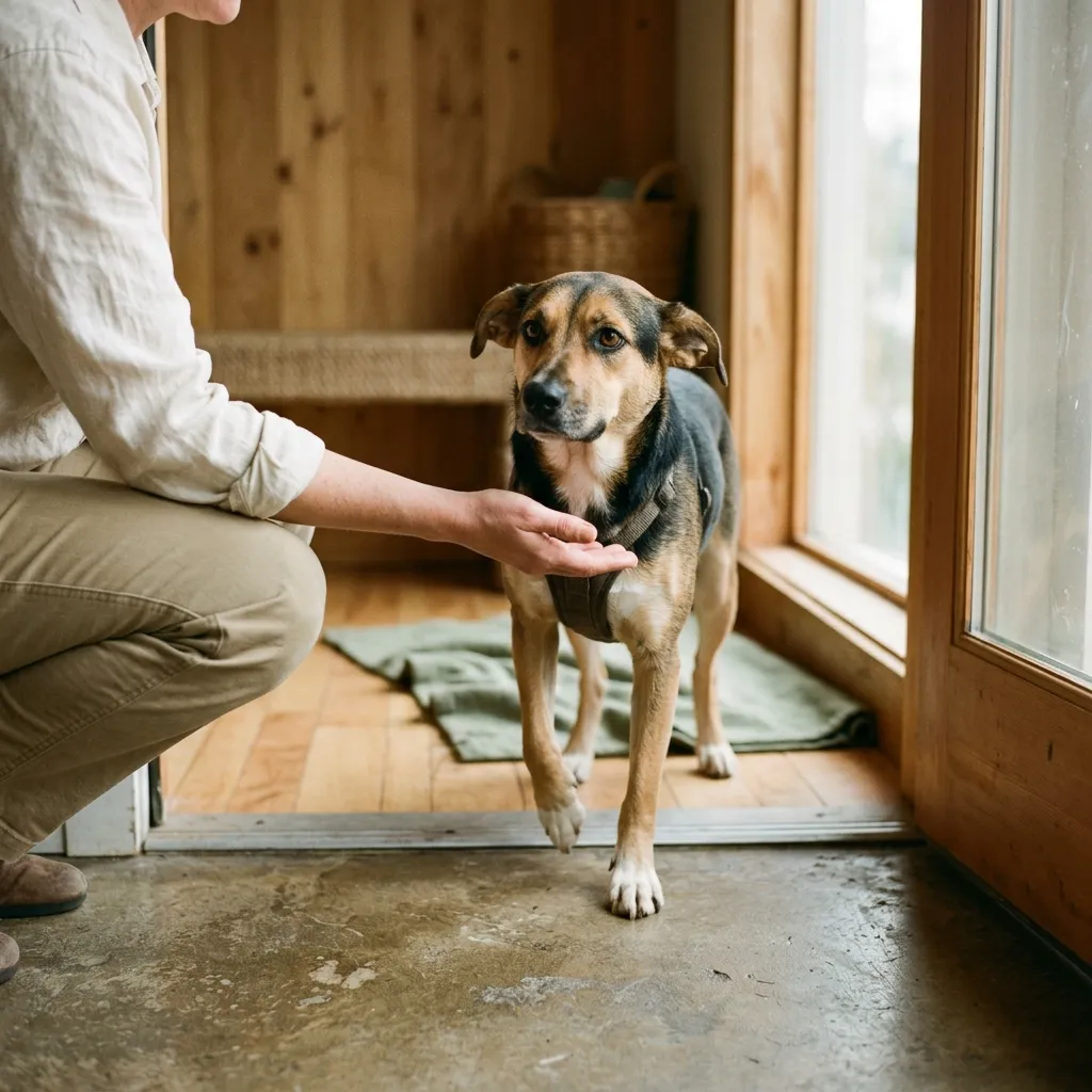 A dog being greeted at the entrance of a pet care business by a handler.
