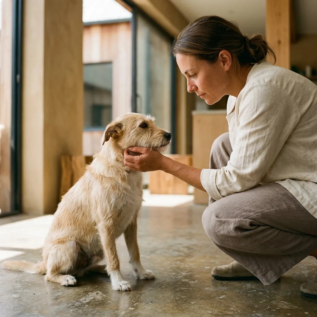 A pet care team member crouched down at eye level with a dog, paying close attention.