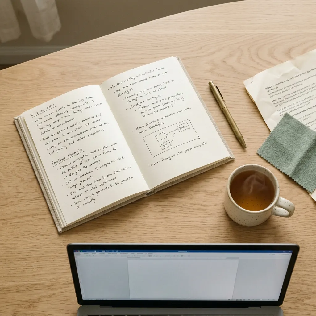 Notebook and planning documents on a desk during a brand audit session.