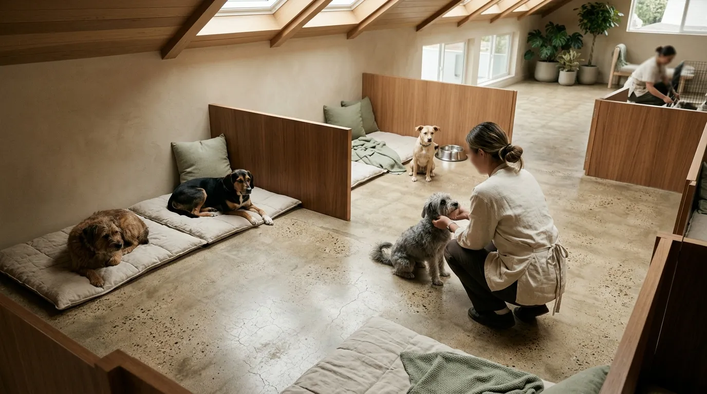 Wide view of a pet care environment with several dogs playing and resting under natural light.